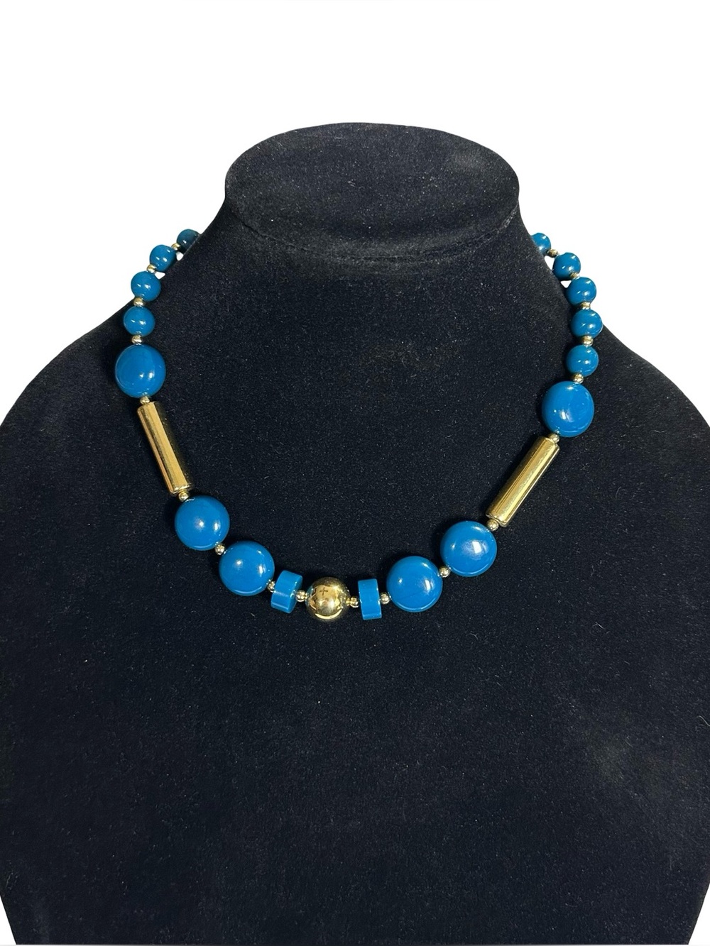 Vtg Trifari Blue Lucite Bead Necklace Gold Tube Modernist Statement 31.8g